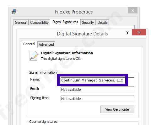 Screenshot of the Continuum Managed Services, LLC certificate